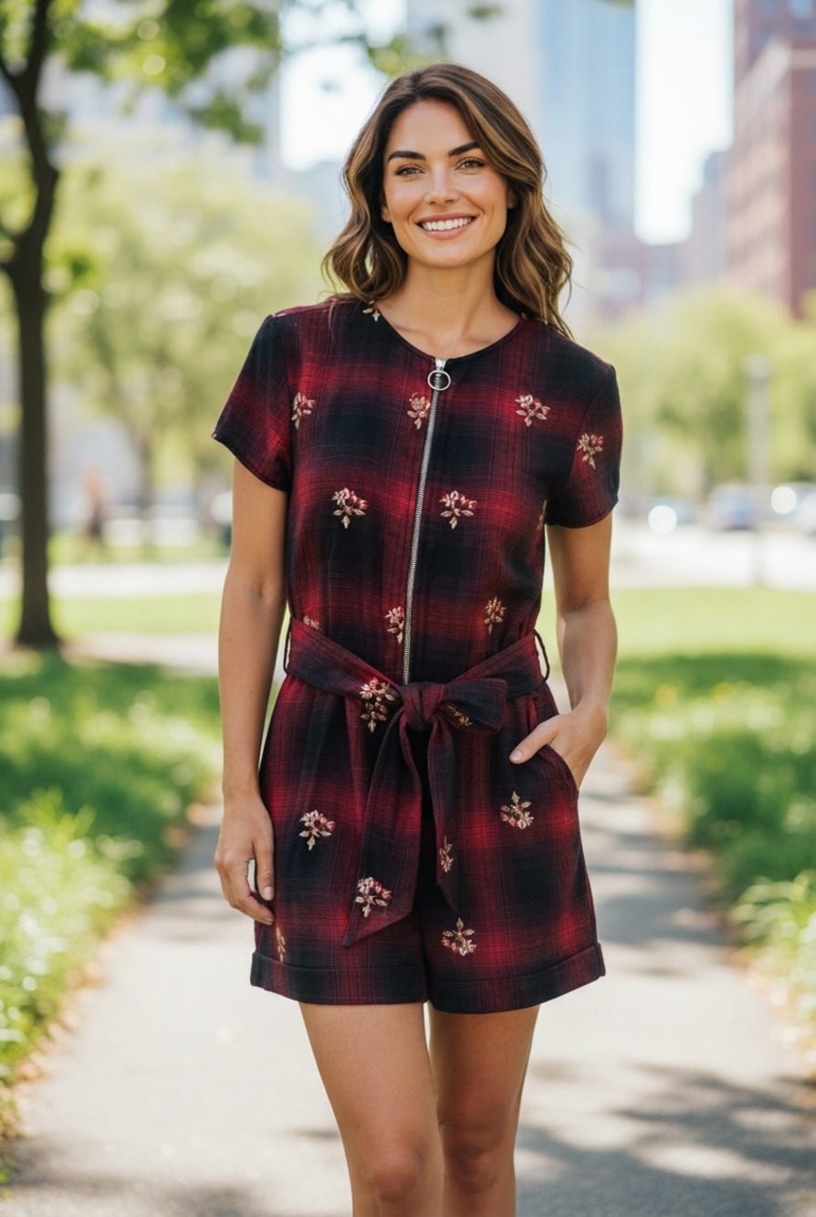 Angie Red Plaid Floral Embroidered Zip Front Tie Waist Romper